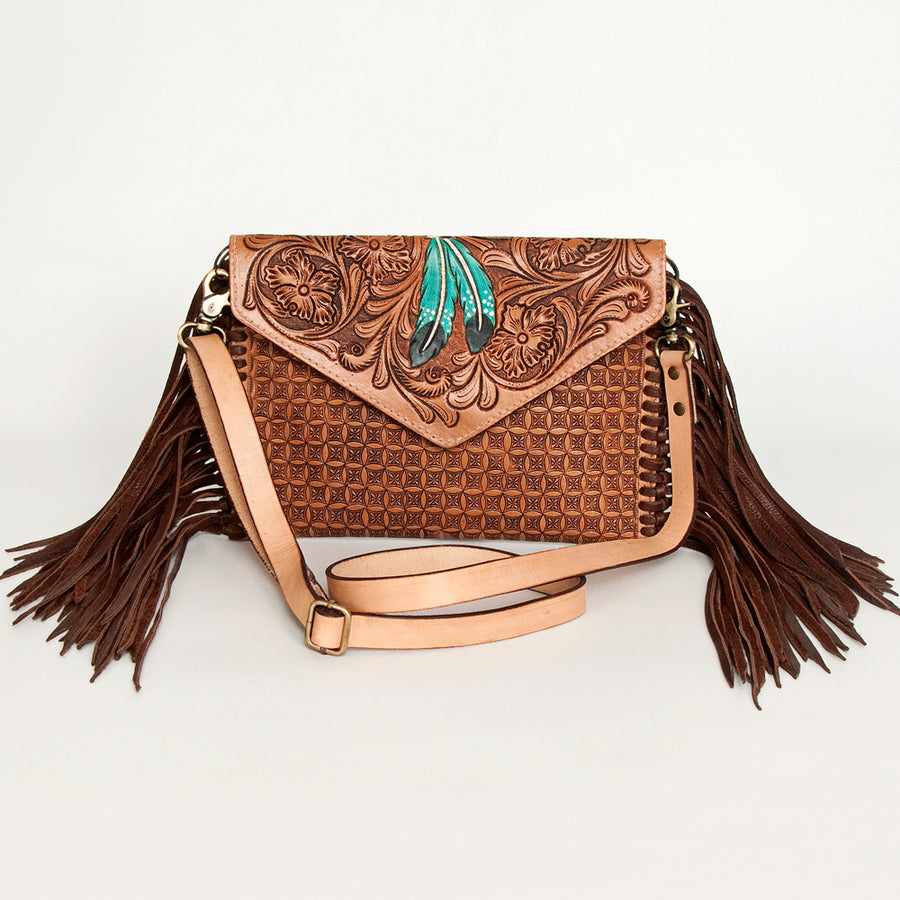 American Darling Leather Envelope for Women - Hand Tooled Floral Carved Genuine Leather Crossbody with Fringes & YKK Zipper
