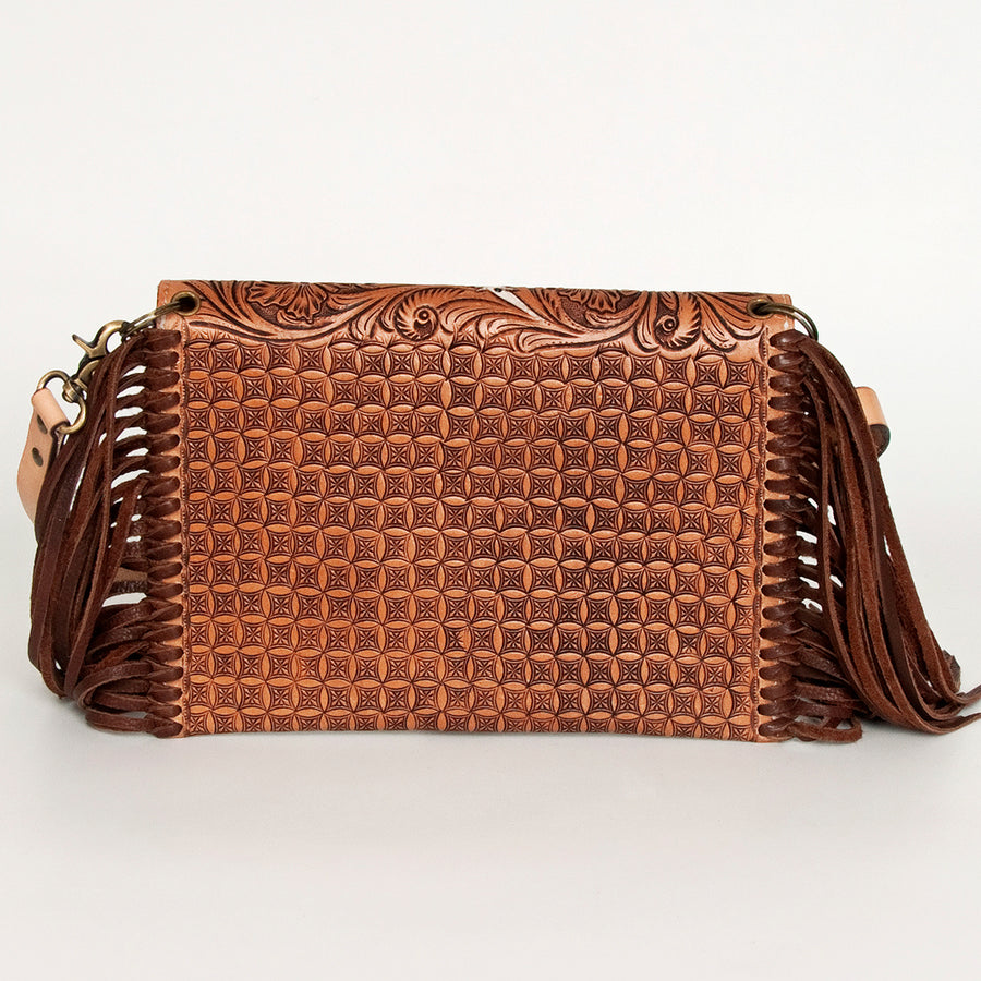 American Darling Leather Envelope for Women - Hand Tooled Floral Carved Genuine Leather Crossbody with Fringes & YKK Zipper