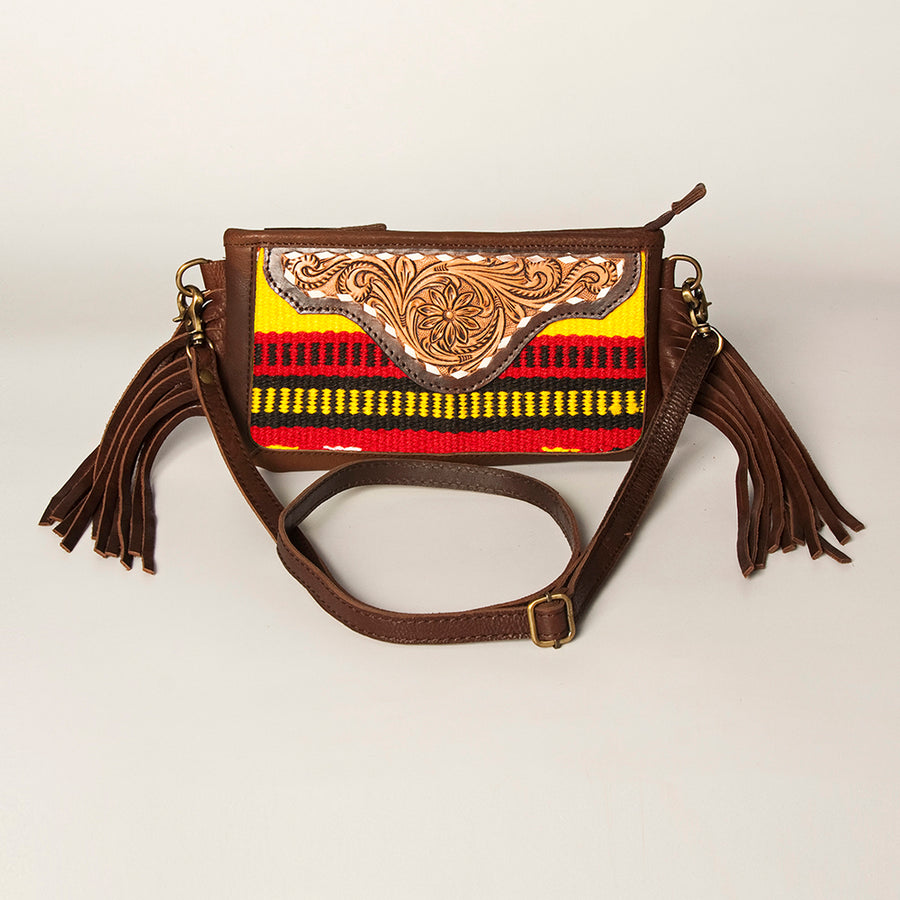 American Darling Women's Hand Tooled Floral Carved Leather Small Cross body Bag with Hand Woven Saddle Blanket and Fringes