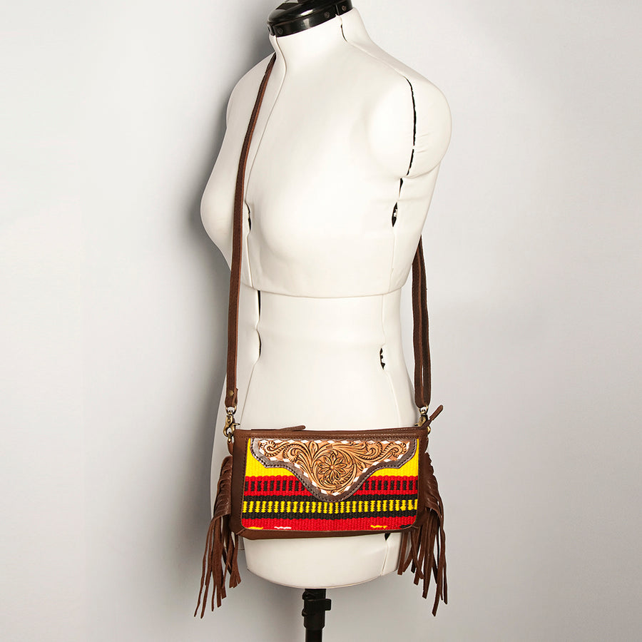 American Darling Women's Hand Tooled Floral Carved Leather Small Cross body Bag with Hand Woven Saddle Blanket and Fringes