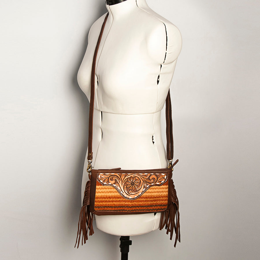 American Darling Women's Hand Tooled Floral Carved Leather Small Cross body Bag with Hand Woven Saddle Blanket and Fringes