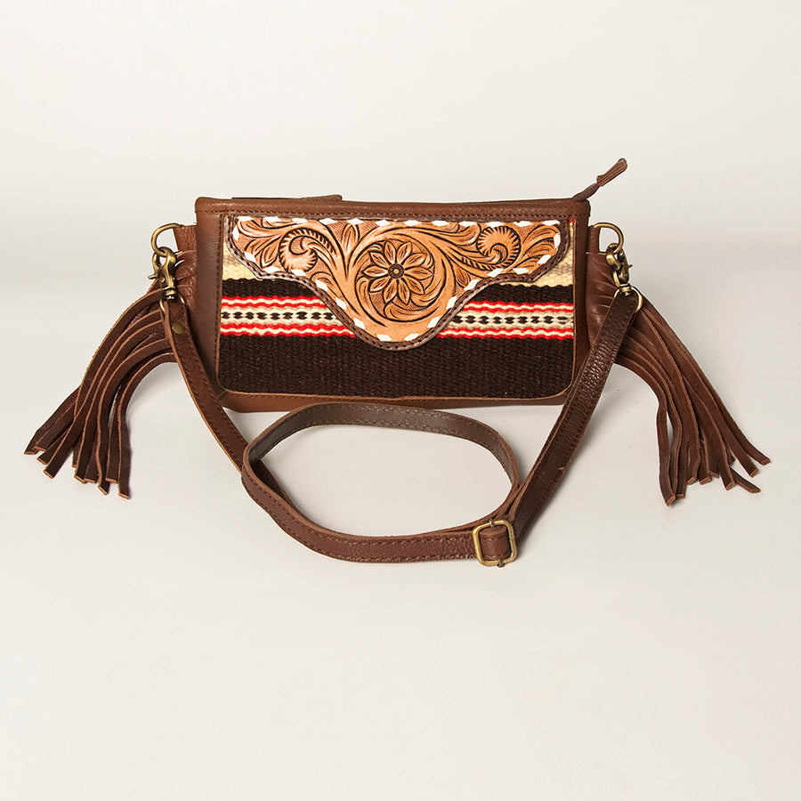 American Darling Women's Hand Tooled Floral Carved Leather Small Cross body Bag with Hand Woven Saddle Blanket and Fringes