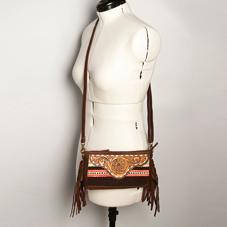 American Darling Women's Hand Tooled Floral Carved Leather Small Cross body Bag with Hand Woven Saddle Blanket and Fringes