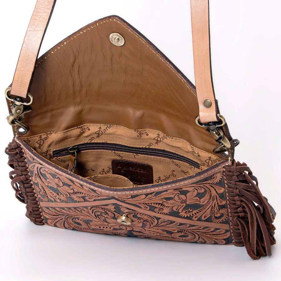 American Darling Leather Envelope for Women - Hand Tooled Floral Carved Genuine Leather Crossbody with Fringes & YKK Zipper