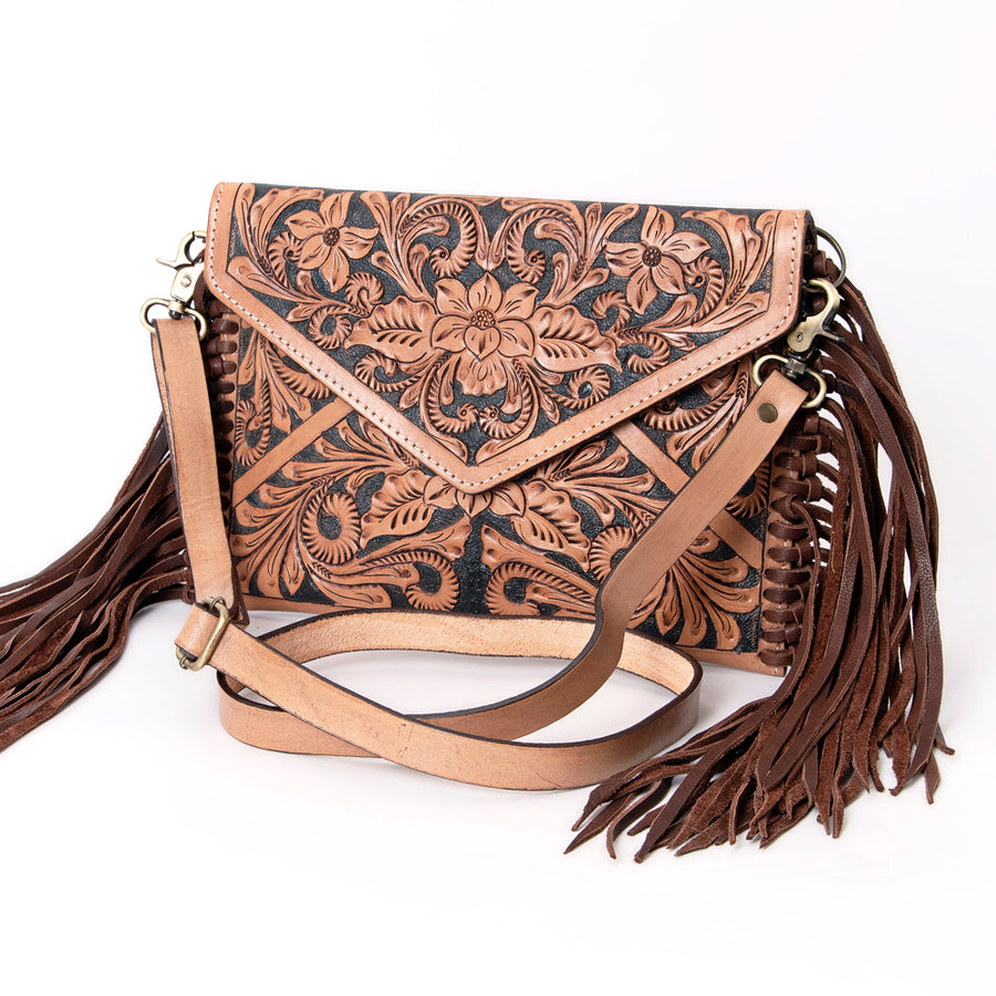 American Darling Hand Tooled Floral Carved Leather Envelope with Fringes - Uhorse