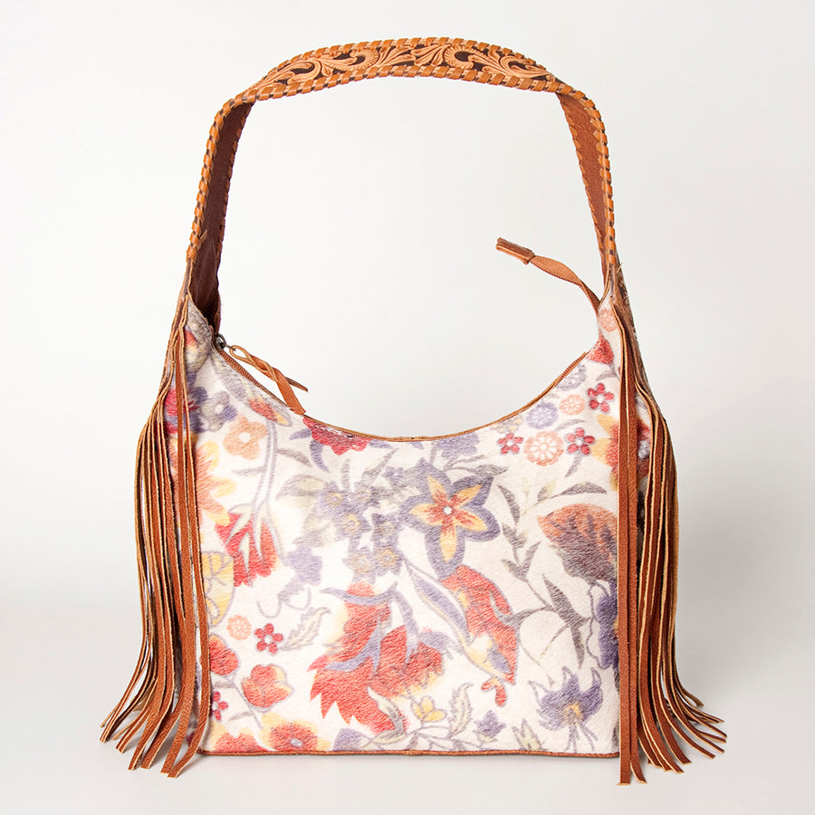 American Darling Hobo Bag for Women, Hand Tooled Floral Leather & Hair-On Cowhide Western Purse with Fringes & YKK Zipper