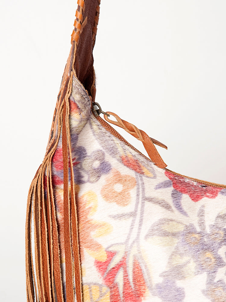 American Darling Hobo Bag for Women, Hand Tooled Floral Leather & Hair-On Cowhide Western Purse with Fringes & YKK Zipper