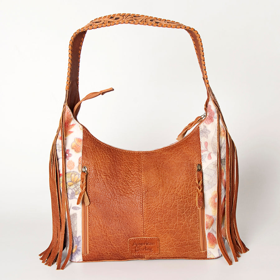 American Darling Hobo Bag for Women, Hand Tooled Floral Leather & Hair-On Cowhide Western Purse with Fringes & YKK Zipper