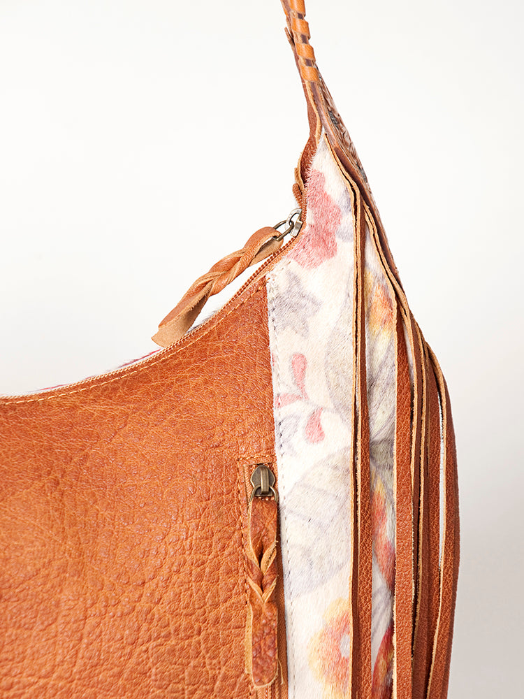 American Darling Hobo Bag for Women, Hand Tooled Floral Leather & Hair-On Cowhide Western Purse with Fringes & YKK Zipper