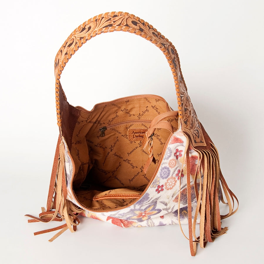 American Darling Hobo Bag for Women, Hand Tooled Floral Leather & Hair-On Cowhide Western Purse with Fringes & YKK Zipper