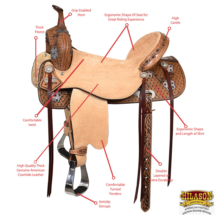 HILASON Flex Tree Western Horse Saddle in American Leather Barrel Trail | for Horses
