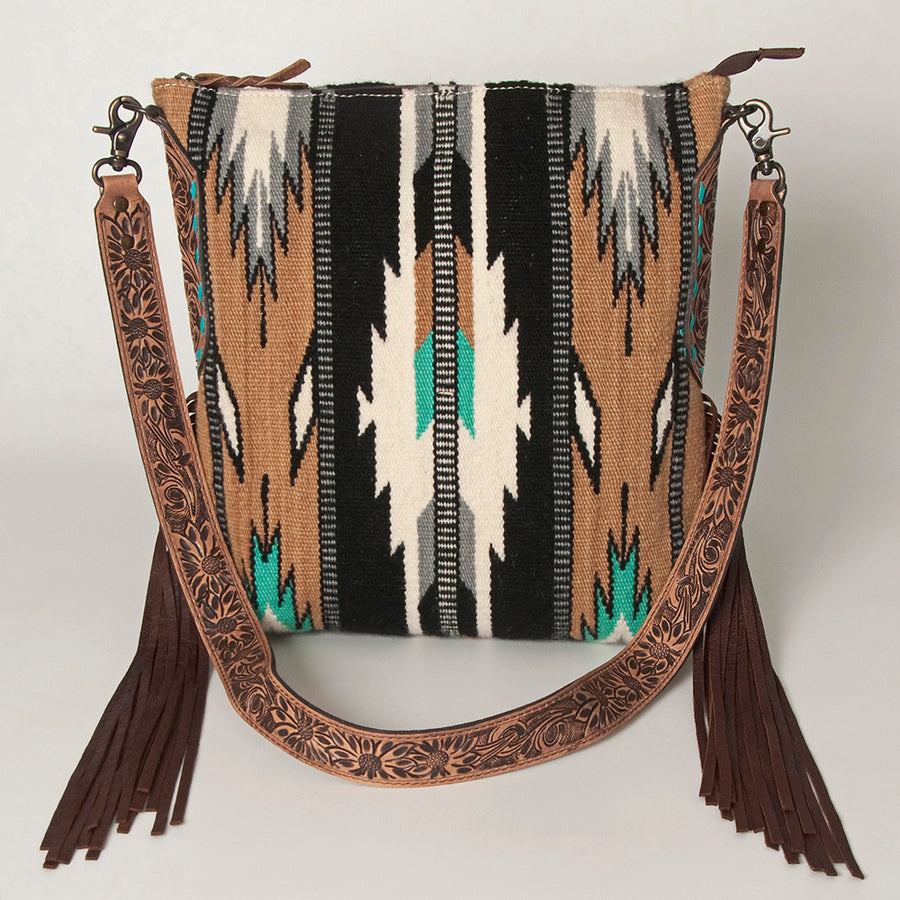 American Darling Cross body Bag Hand Woven Saddle Blanket Hand Tooled Western Leather Purse with Fringes 15in x 15in x 3in