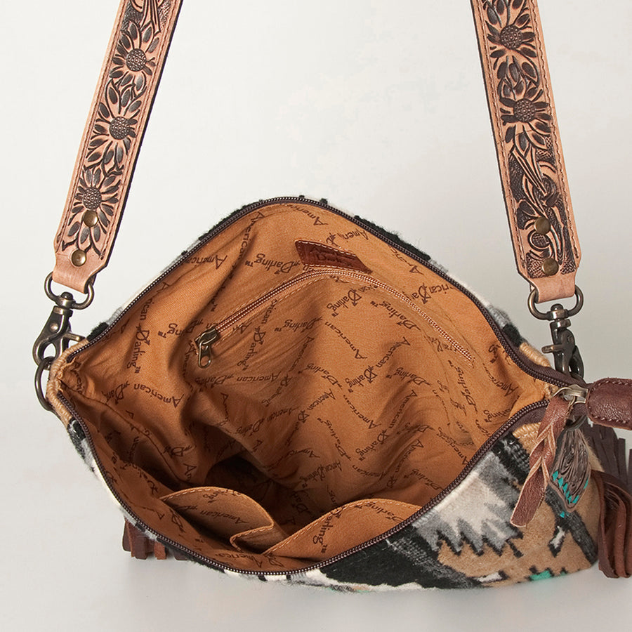 American Darling Cross body Bag Hand Woven Saddle Blanket Hand Tooled Western Leather Purse with Fringes 15in x 15in x 3in