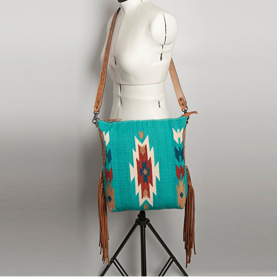 American Darling Cross body Bag Hand Woven Saddle Blanket Hand Tooled Western Leather Purse with Fringes 15in x 15in x 3in
