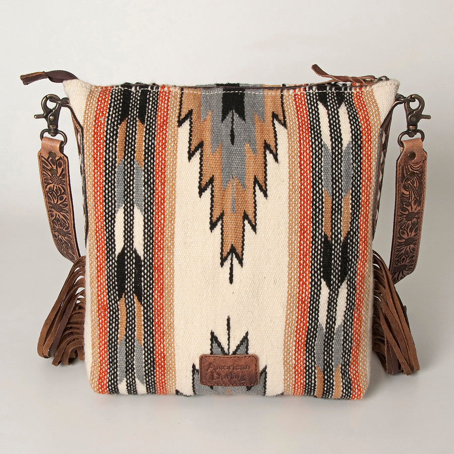 American Darling Cross body Bag Hand Woven Saddle Blanket Hand Tooled Western Leather Purse with Fringes 15in x 15in x 3in