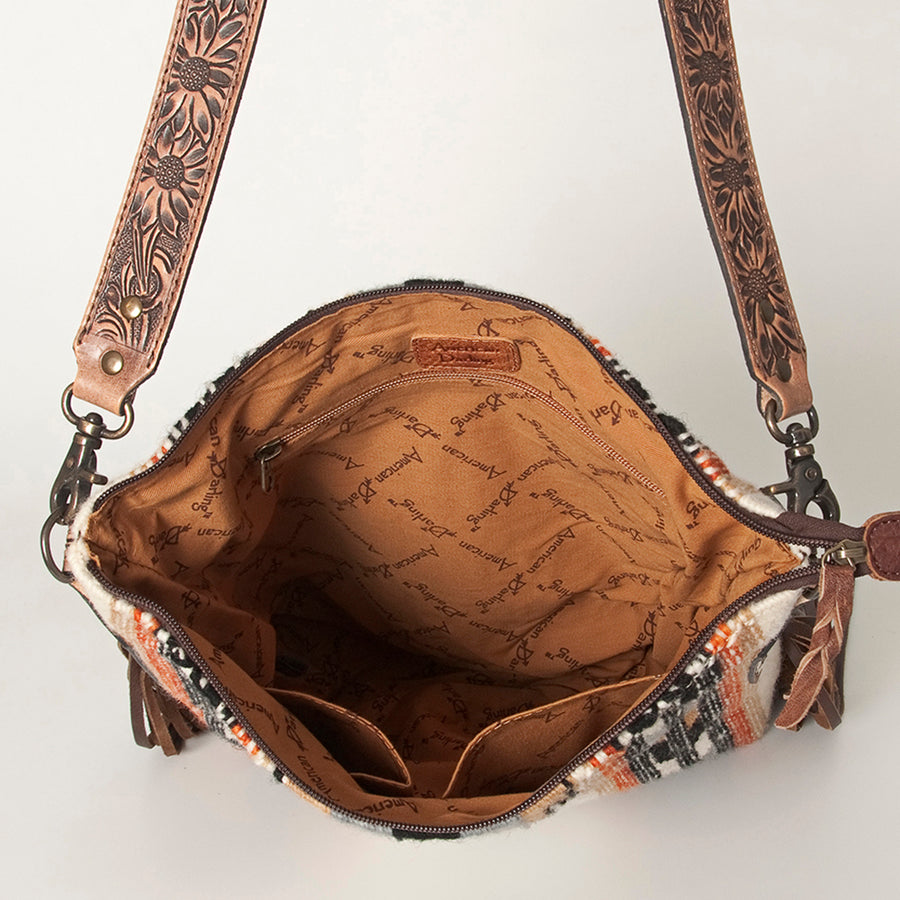 American Darling Cross body Bag Hand Woven Saddle Blanket Hand Tooled Western Leather Purse with Fringes 15in x 15in x 3in