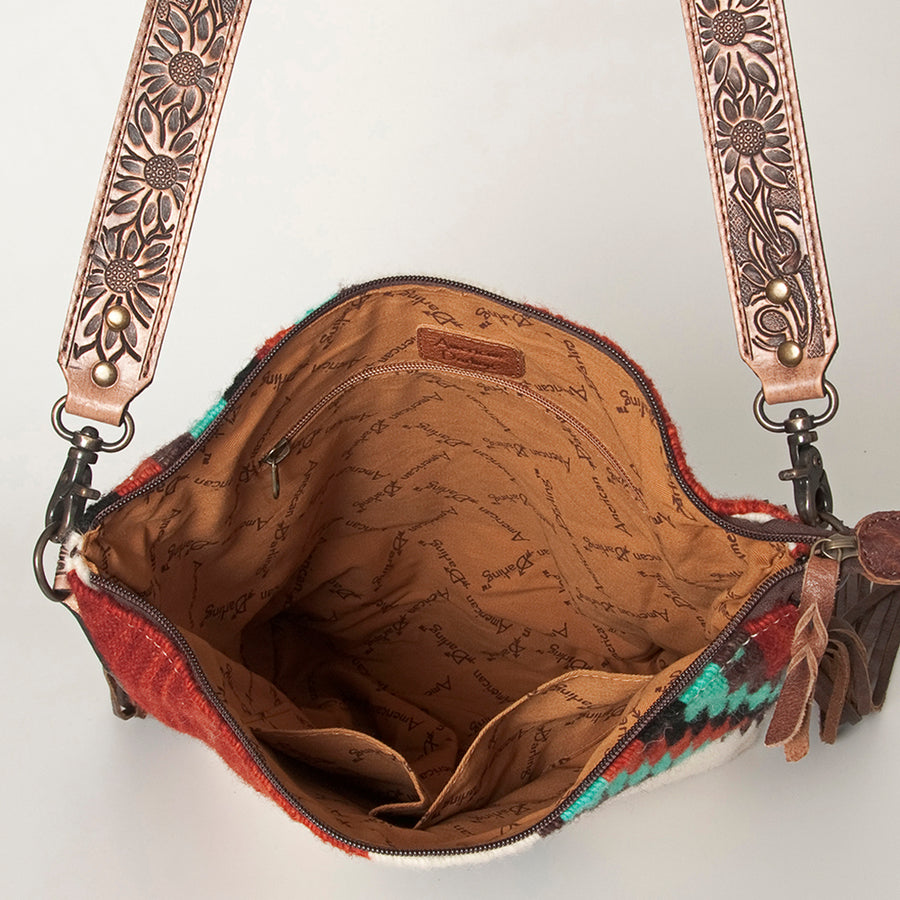 American Darling Cross body Bag Hand Woven Saddle Blanket Hand Tooled Western Leather Purse with Fringes 15in x 15in x 3in