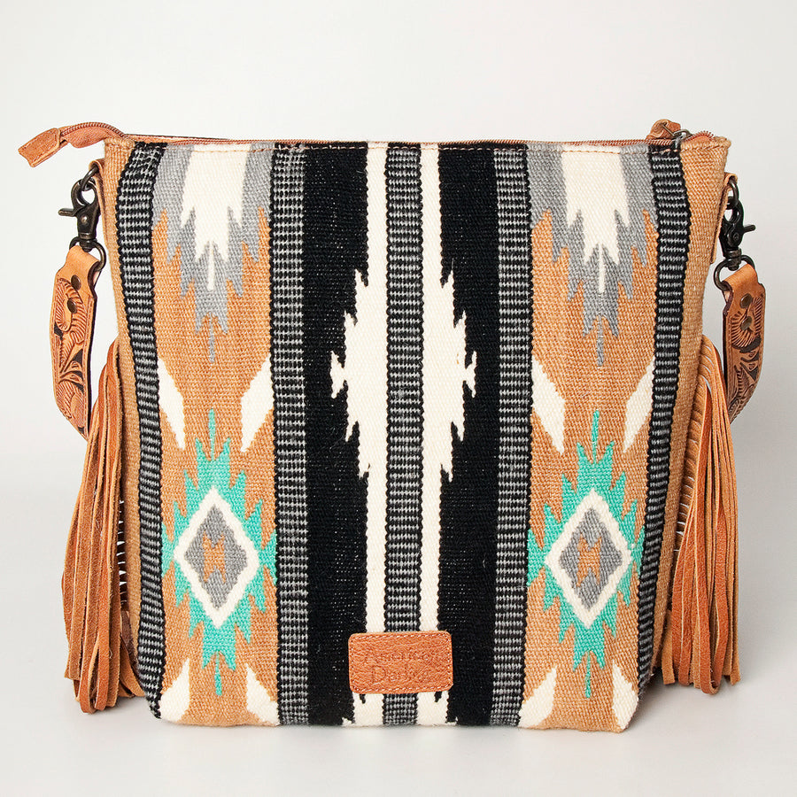 American Darling Signature Cross Body Bag Hand Tooled Floral Carved Leather Woven Saddle Blanket Fringes Genuine Leather