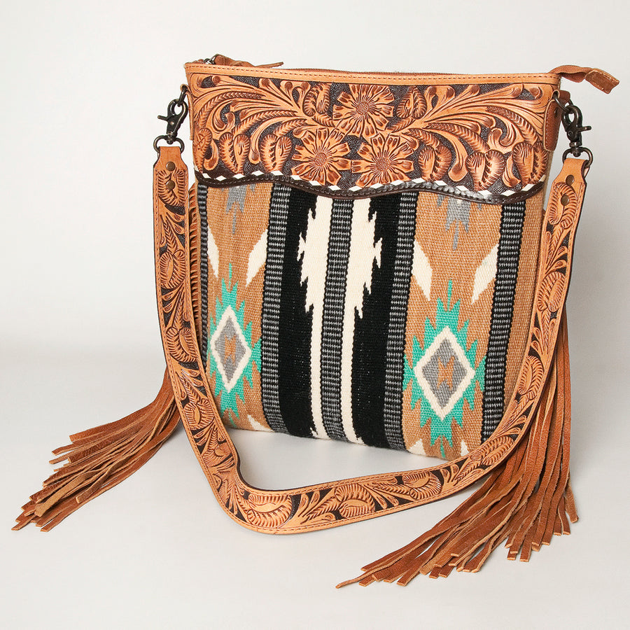 American Darling Signature Cross Body Bag - Hand Tooled Floral Leather and Woven Saddle Blanket - Uhorse