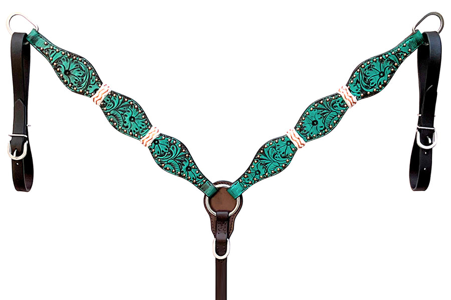 HILASON Western Horse Headstall Rawhide Braided American Leather Turquoise | Breast Collar Tack Set for Horses