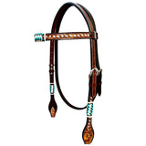 Bar H Equine Horse Genuine Leather RawHide Stud Breast Collar ,Headstall Brown