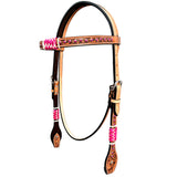Bar H Equine Horse Genuine Leather Rawhide Stud Breast Collar ,Headstall Tan
