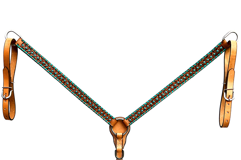 Bar H Equine Horse Genuine Leather Stud Breast Collar ,Headstall Tan