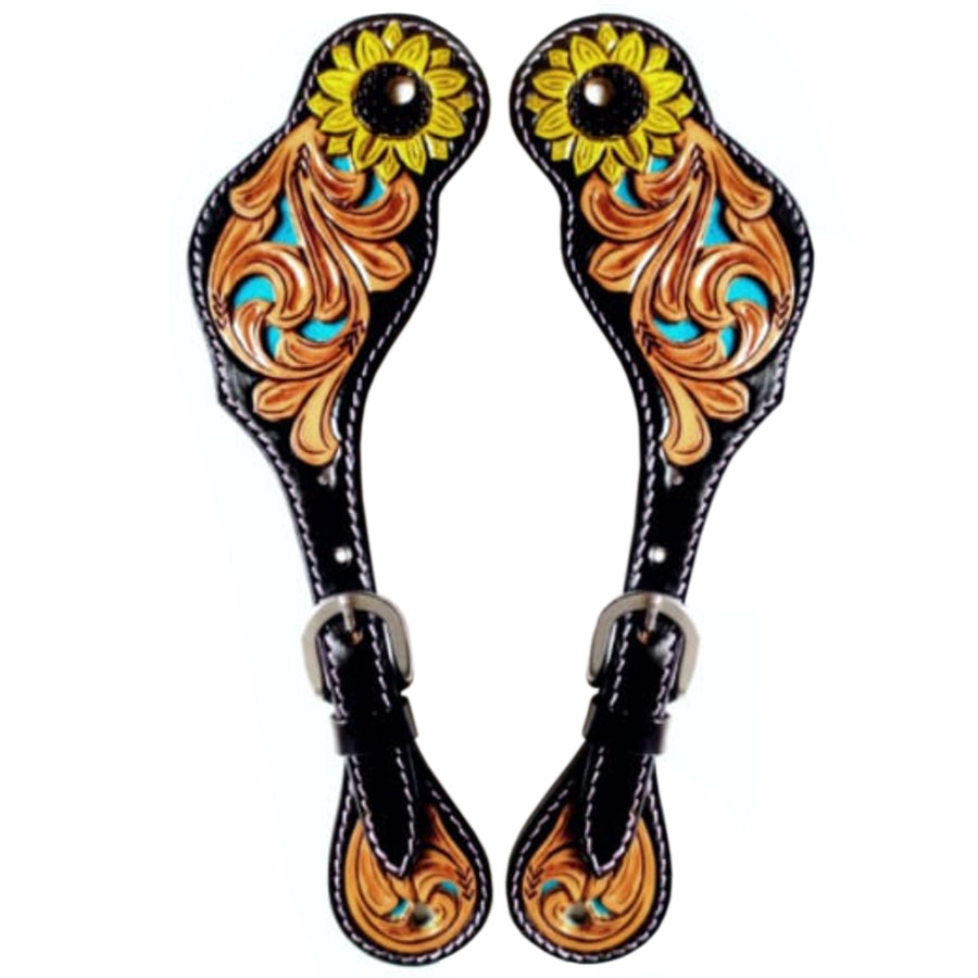 Black leather spur straps with tooled orange and turquoise floral design - Bar H Equine