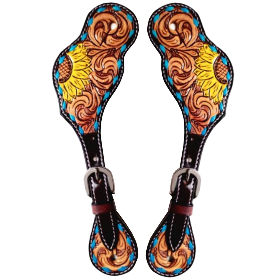 Tooled leather spur straps with sunflower and scrollwork design - Uhorse