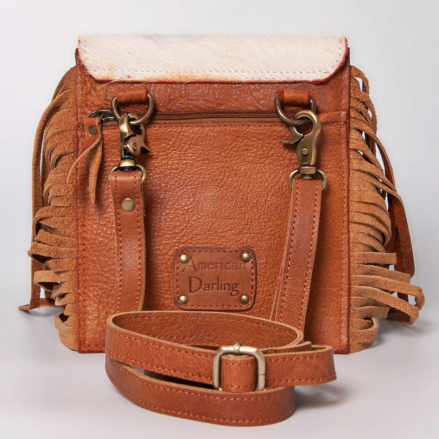 American Darling Cross body Bag, Hand Tooled Floral Leather, Hair-On Cowhide with Fringes, Western Handcrafted Purse