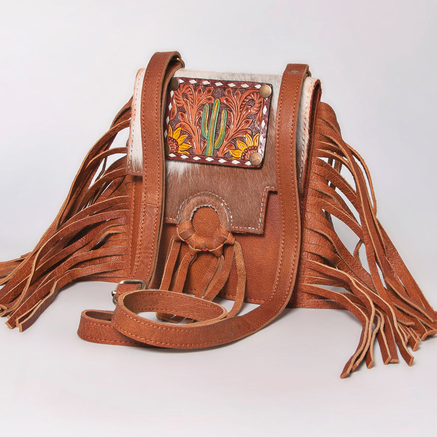 American Darling Western Leather Cross body Bag - Hand Tooled Floral and Cowhide Purse - Uhorse