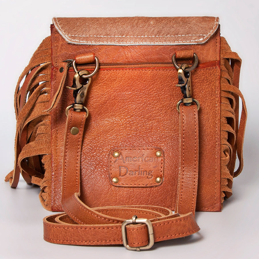 American Darling Cross body Bag, Hand Tooled Floral Leather, Hair-On Cowhide with Fringes, Western Handcrafted Purse