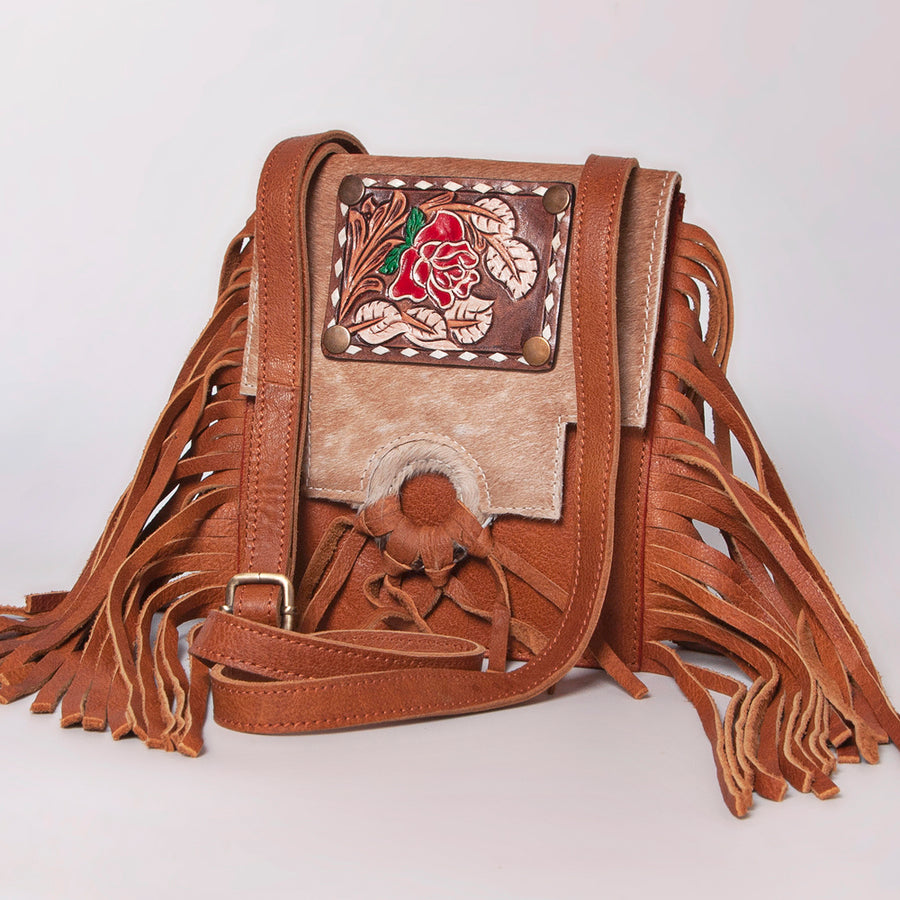 American Darling Western Leather Cross body Bag - Hand Tooled Floral and Cowhide Purse - Uhorse