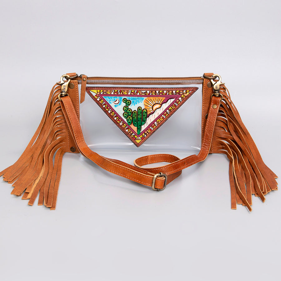 American Darling Clear Bag, Hand Tooled Leather Trim with Fringes, Stadium Approved Western Crossbody, Handcrafted Purse
