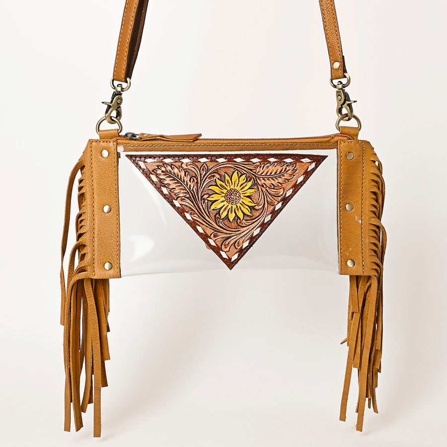 American Darling Clear Bag, Hand Tooled Leather Trim with Fringes, Stadium Approved Western Crossbody, Handcrafted Purse