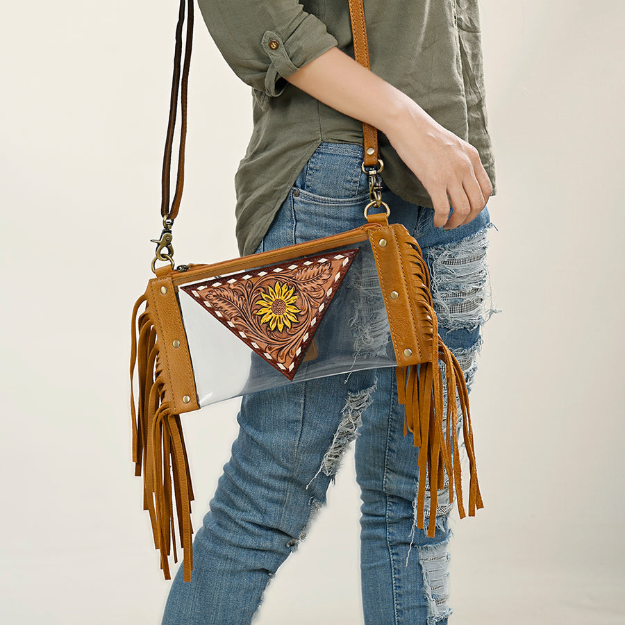 American Darling Clear Bag, Hand Tooled Leather Trim with Fringes, Stadium Approved Western Crossbody, Handcrafted Purse
