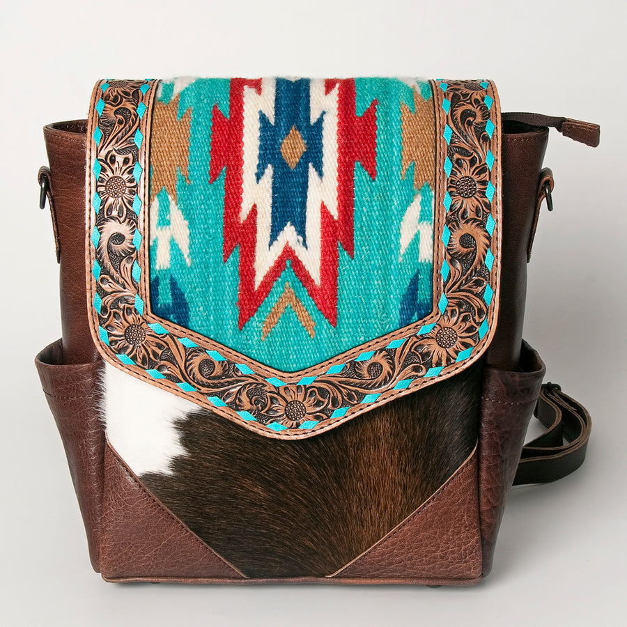American Darling Backpack for Women, Hand Tooled Floral Leather, Hair-On Cowhide, Woven Saddle Blanket, Genuine Leather