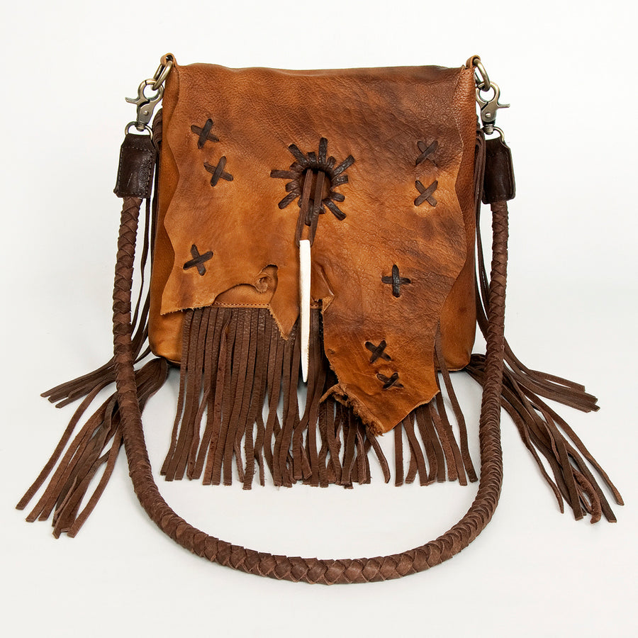 American Darling Cross body Bag Western Genuine Leather Handcrafted Purse with Fringes and Braided Detail