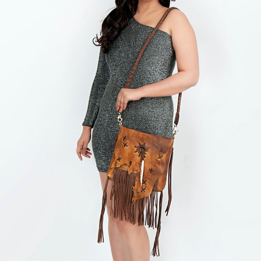 American Darling Cross body Bag Western Genuine Leather Handcrafted Purse with Fringes and Braided Detail