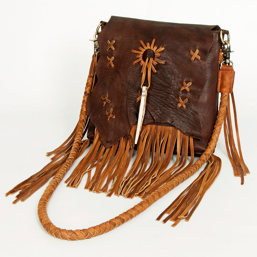 American Darling Cross body Bag Western Genuine Leather Handcrafted Purse with Fringes and Braided Detail