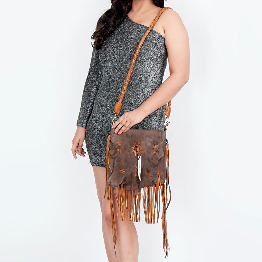 American Darling Cross body Bag Western Genuine Leather Handcrafted Purse with Fringes and Braided Detail