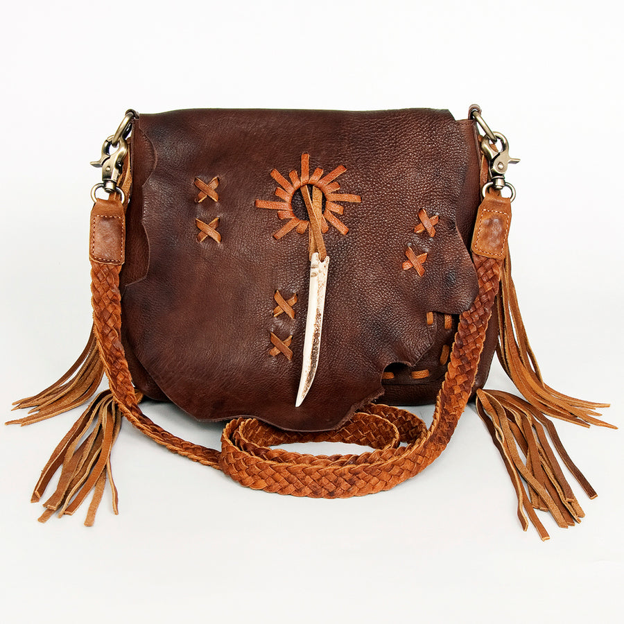 American Darling Cross body Bag Western Genuine Leather Handcrafted Purse with Fringes and Braided Detail