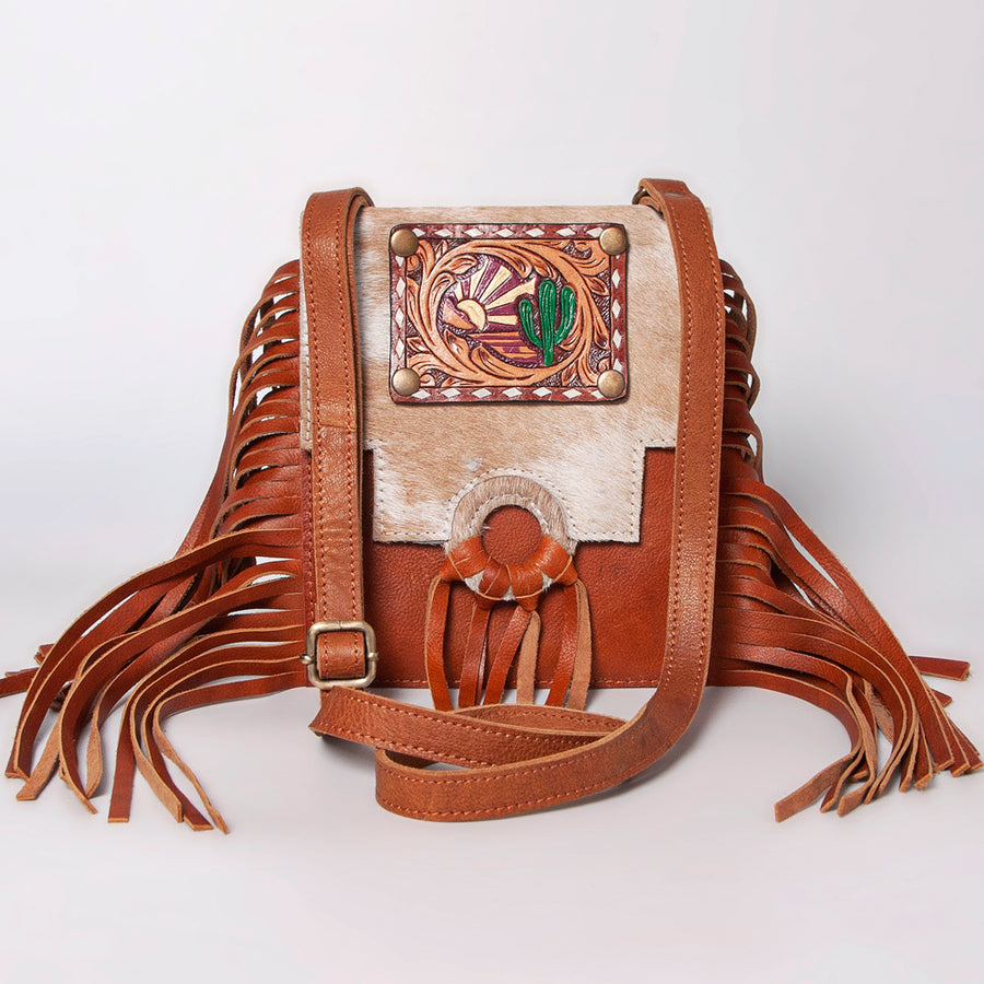 American Darling Cross body Bag, Hand Tooled Floral Leather, Hair-On Cowhide with Fringes, Western Handcrafted Purse