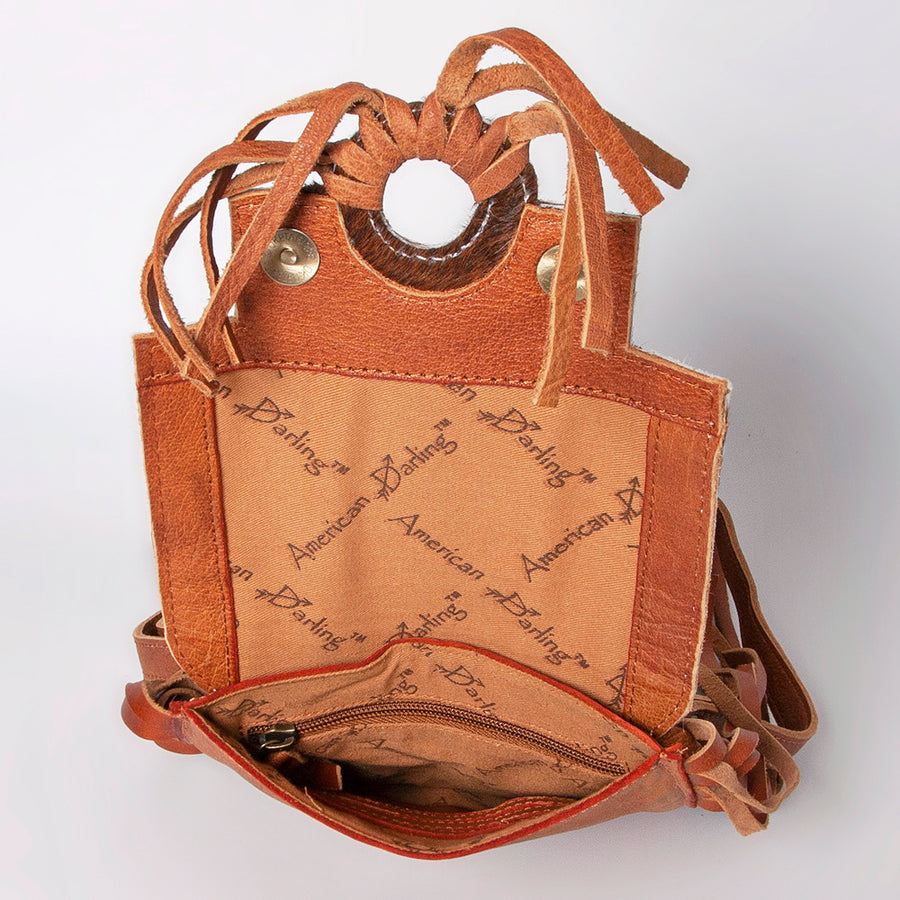 American Darling Cross body Bag, Hand Tooled Floral Leather, Hair-On Cowhide with Fringes, Western Handcrafted Purse
