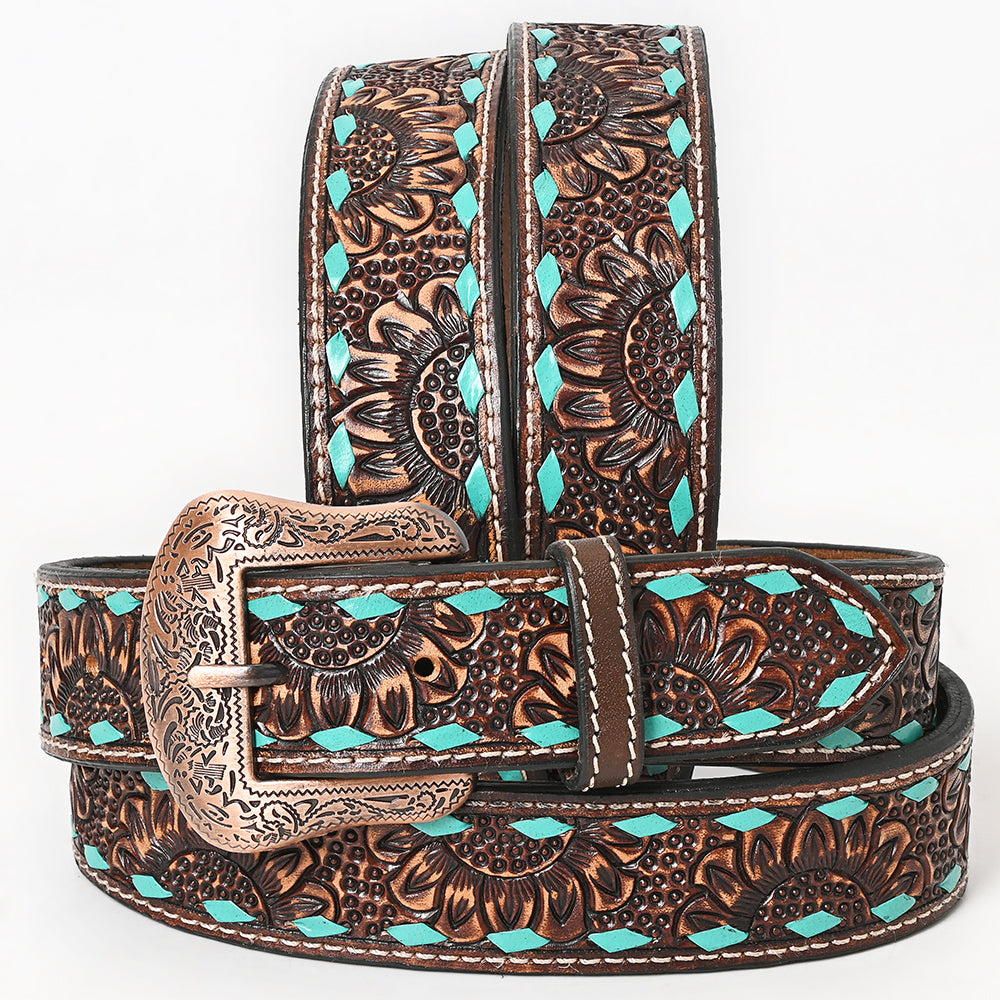 BAR H EQUINE Turquoise Sunflower Floral Hand Carved Western Fashion Premium Leather Belt Brown