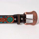 BAR H EQUINE Turquoise Buckstitch Flower Basket Hand Tooled Western Leather Belt Brown