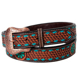 BAR H EQUINE Turquoise Buckstitch Flower Basket Hand Tooled Western Leather Belt Brown