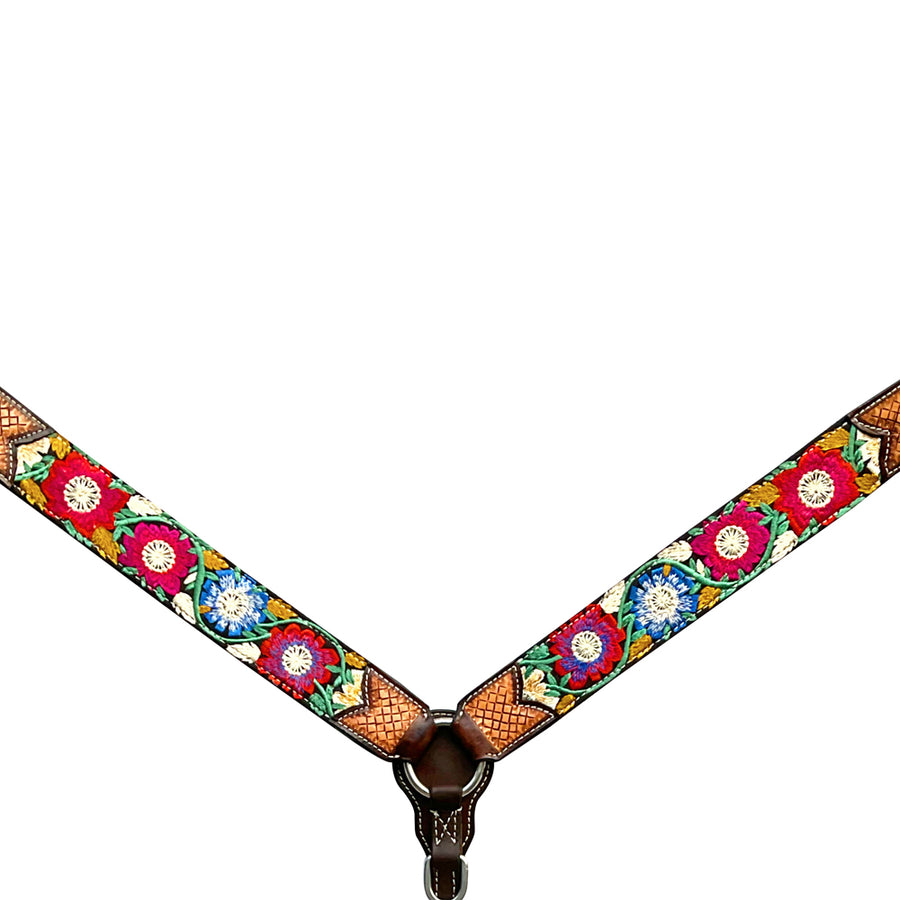 Colorful floral embroidered leather breast collar with black straps - Uhorse