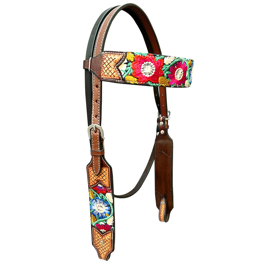 Bar H Equine Western Horse Floral Embroidery Design Genuine American Leather Headstall - Uhorse