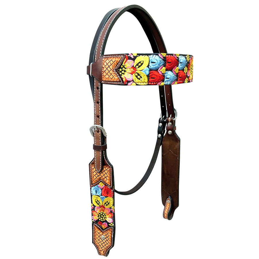 Bar H Equine Western Horse Floral Embroidery Design Genuine American Leather Headstall - Uhorse